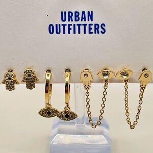 Urban Outfitters 3 earrings set. Gold and clear rhinestone hamsa hand & evil eye